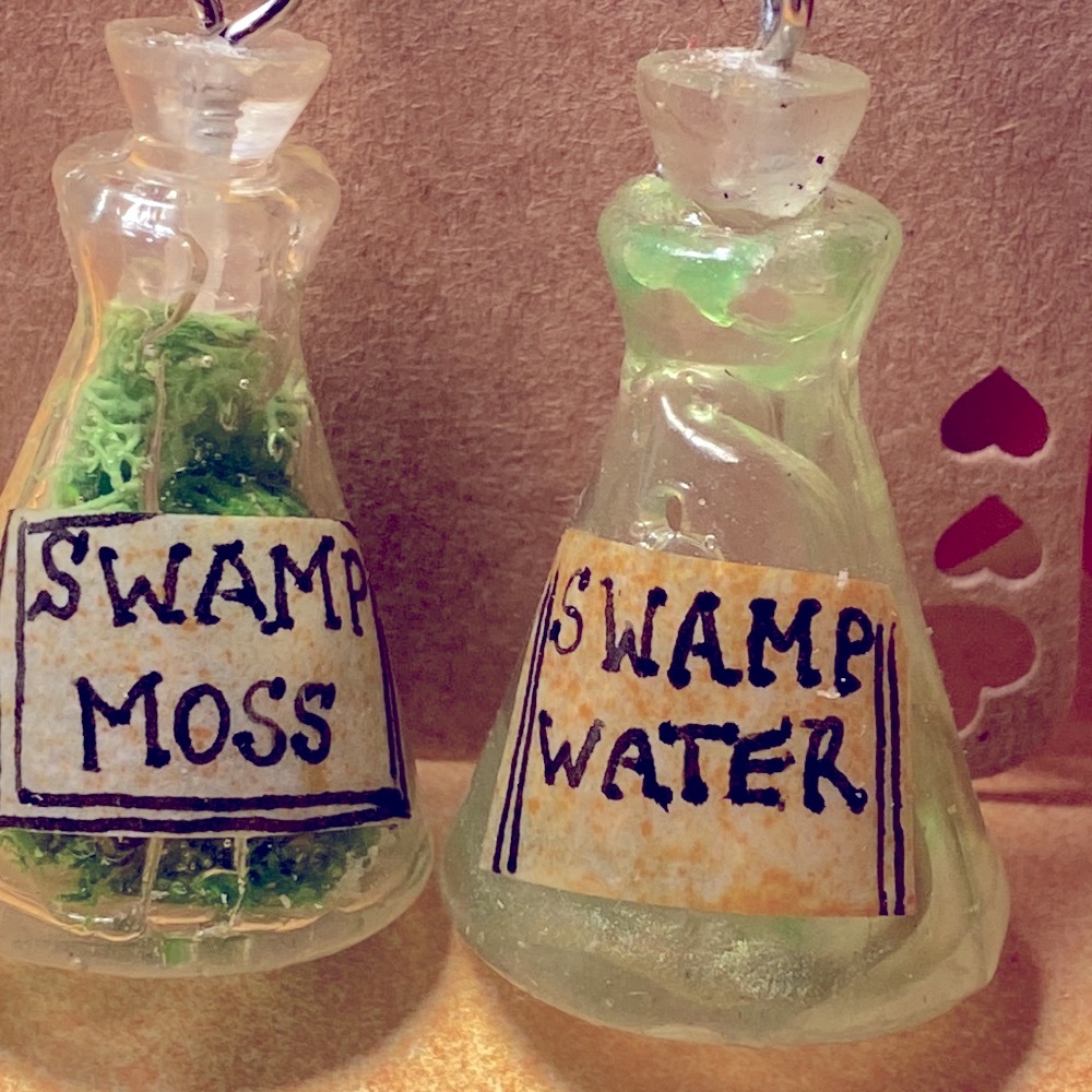 Handmade Apothecary Ingredient Potion Bottle Witch Spell Earrings Swamp Theme